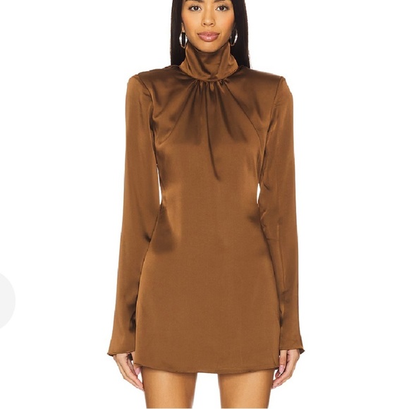 revolve brown satin dress Brown Cowl Neck Dress